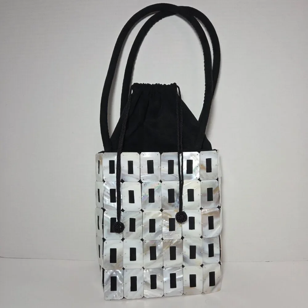 Vtg Mother of Pearl Shell Tile Mosaic Handbag Black White Purse Boho Mermaidcore